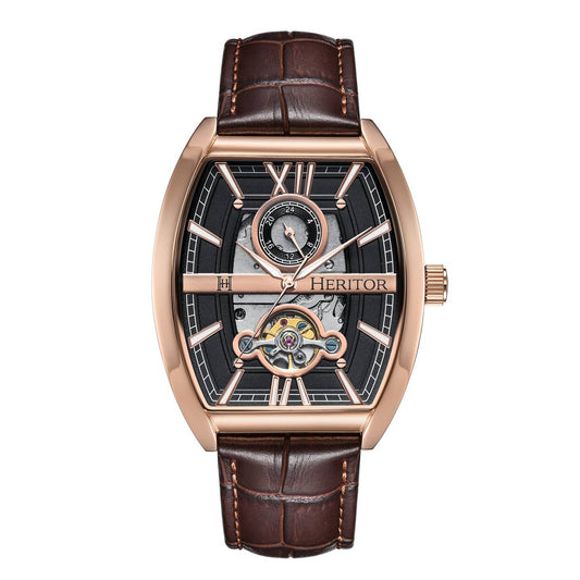 Heritor Masterson Men's Automatic Semi-Skeleton Leather Watch, Rose Gold/Brown