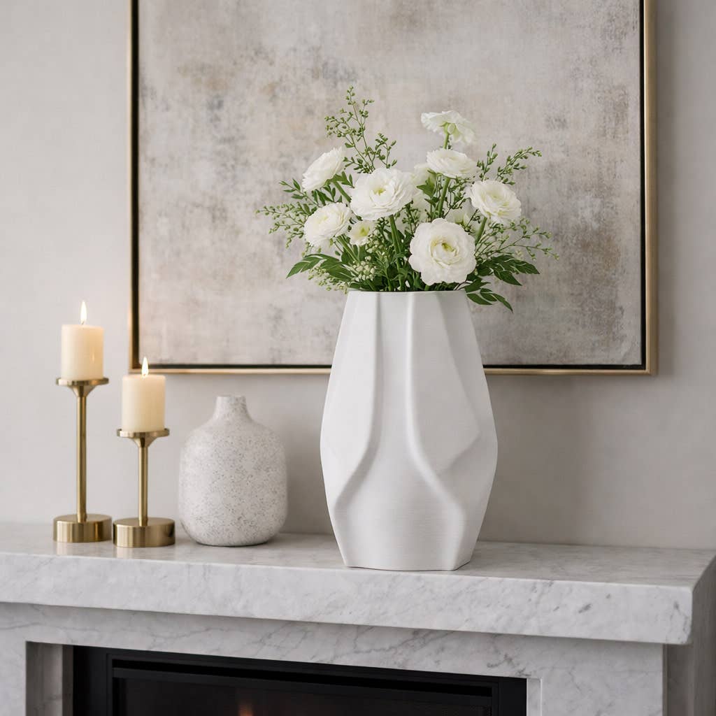 Decorative Vase - White 3D Printed Sculpted Geometric, 15 in.