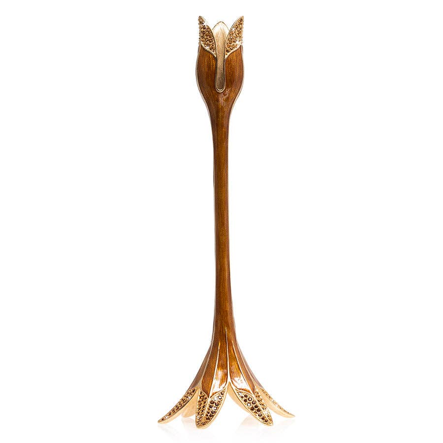 Jay Strongwater Ambrosius Tulip Brown Candlestick Holder, Leaf Swarovski Crystal Enamel Gold-Finished