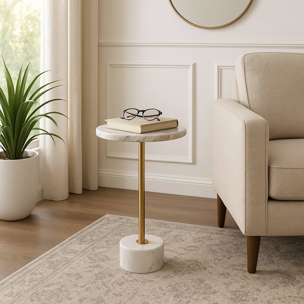 Side Table - Brown Marble Round Top with Metal Base, 24 in.