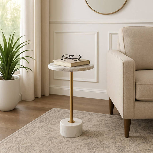 Side Table - Brown Marble Round Top with Metal Base, 24 in.