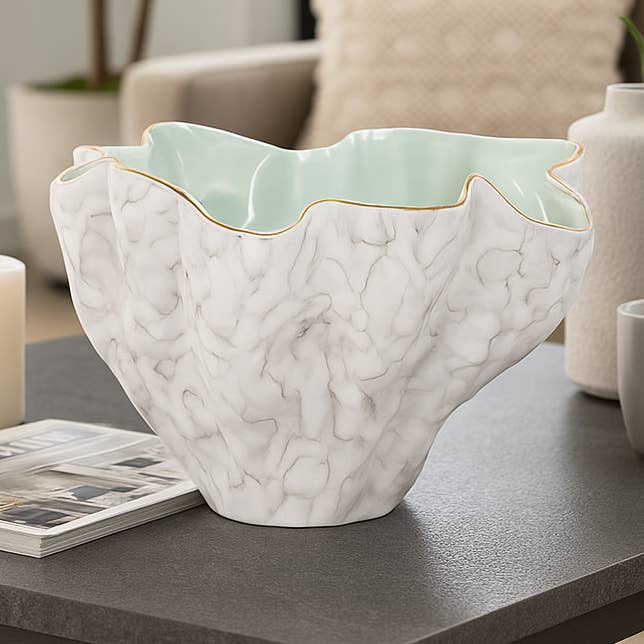 Decorative Bowl - Gray/Green Porcelain Modern Wavy, 16 in.