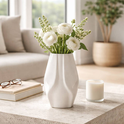 Decorative Vase - White 3D Printed Sculpted Geometric, 15 in.