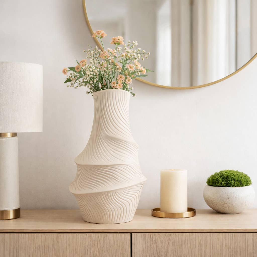 Decorative Vase - Ivory Resin Sculptural Texture, 16 in.