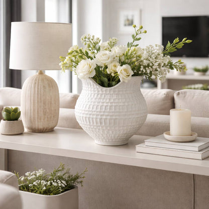 Decorative Vase - Ivory Porcelain 3D Printed Rim, 16 in.
