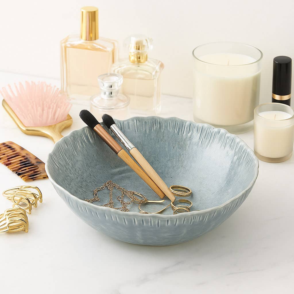 Decorative Bowl - Blue Ceramic Round Wavy Edge, 15 in.