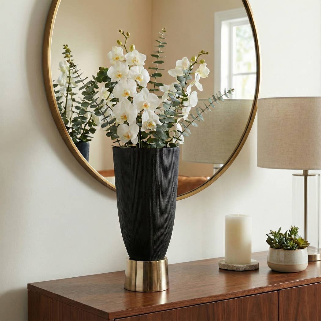 Decorative Vase - Black Metal Dual-Texture Design, 16 in.