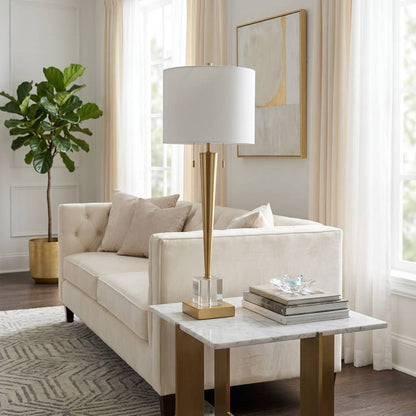 Table Lamp - Gold/White Glass Base Metal Tapered Body, 36 in