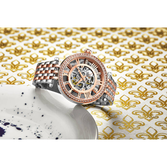 Stuhrling Original Delphi 3944 Women's Automatic Watch, 38mm, Two-Tone Rose Gold & Silver Bracelet, Skeleton Dial