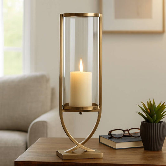 Candle Holder - Gold Metal Glass Cylindrical Pillar, 27 in.