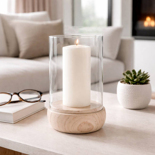 Candle Holder - Ivory/Clear Marble Glass Hurricane, 10 in.