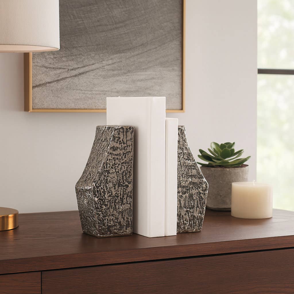 Bookends Set of 2 - Silver Metal Stylish Flower Vase, 8 in.