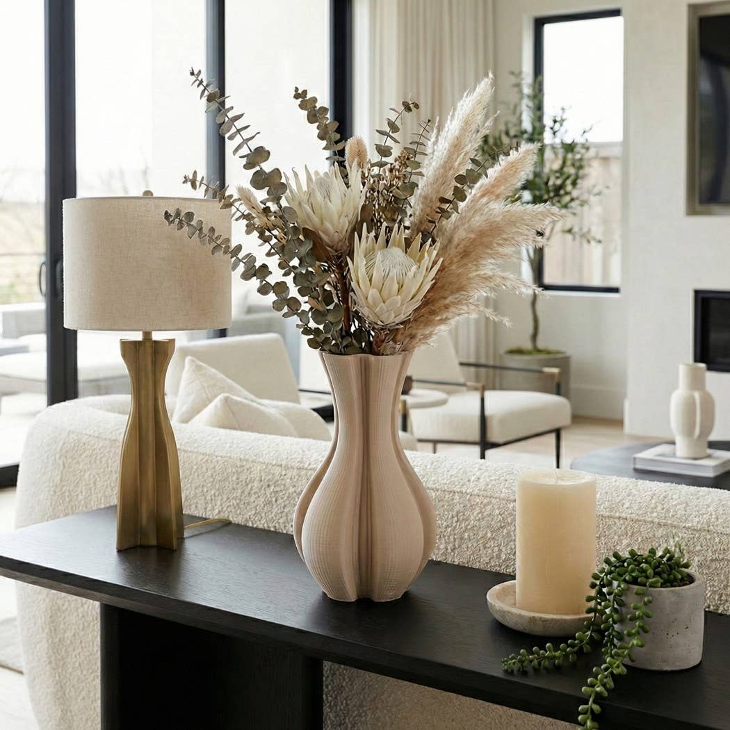 Decorative Vase - Tan Ceramic 3D Printed Fluted, 12 in.