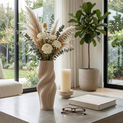Decorative Vase - Tan Ceramic 3D Printed Twisted, 16 in.