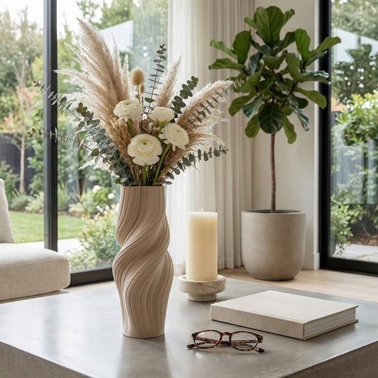 Decorative Vase - Tan Ceramic 3D Printed Twisted, 16 in.