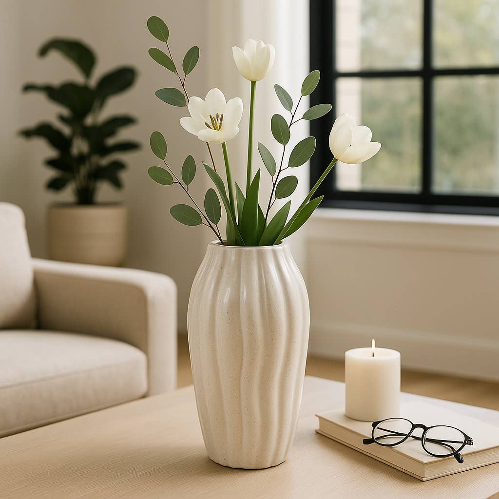 Decorative Vase - Ivory Ceramic Sculpted Floor, 14 in.