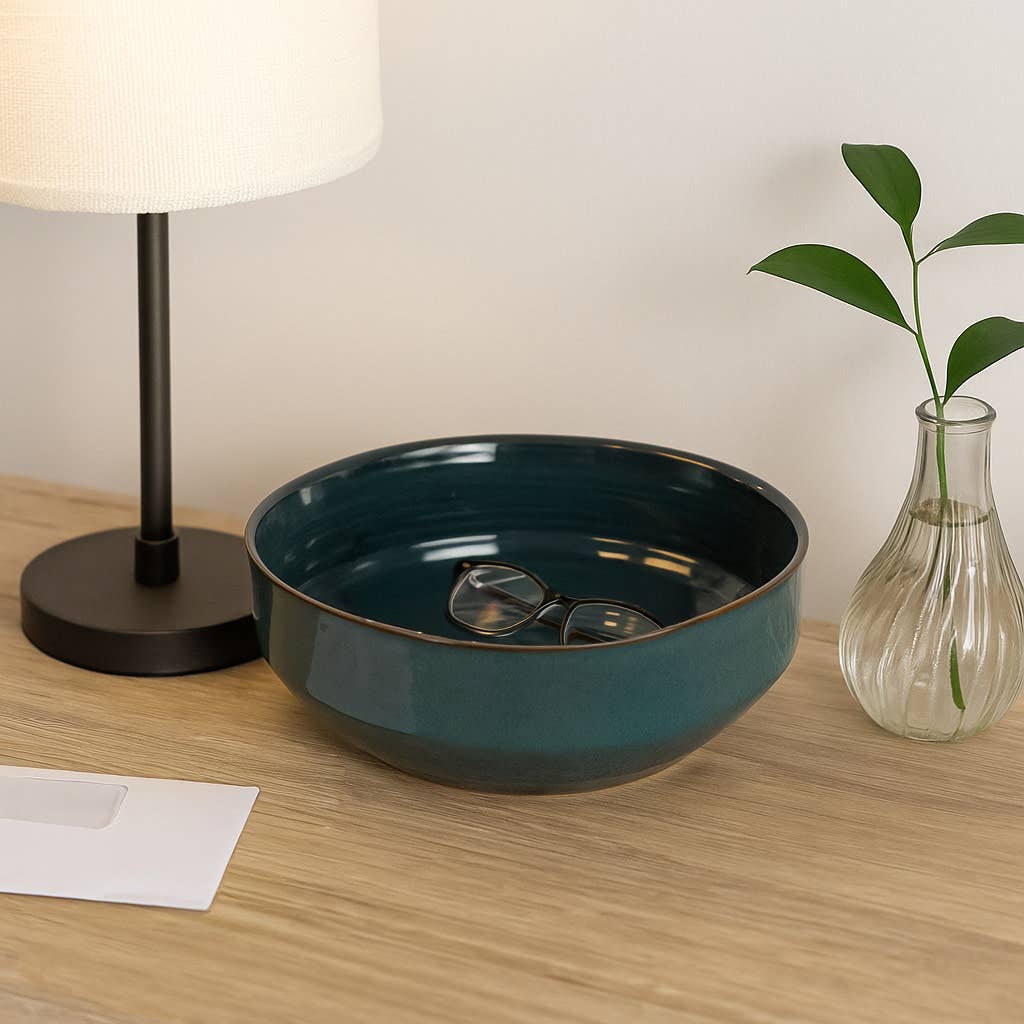 Decorative Bowl - Green Ceramic Round Glazed Finish, 12 in.