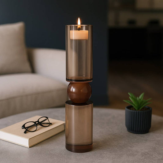 Candle Holder - Bronze Crystal Cylinder Candlestick, 15 in.