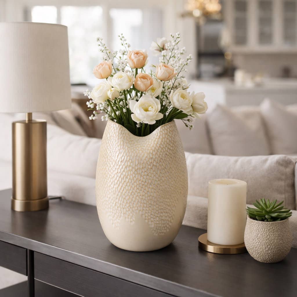 Decorative Vase - Cream Earthenware Textured Oval, 12 in.