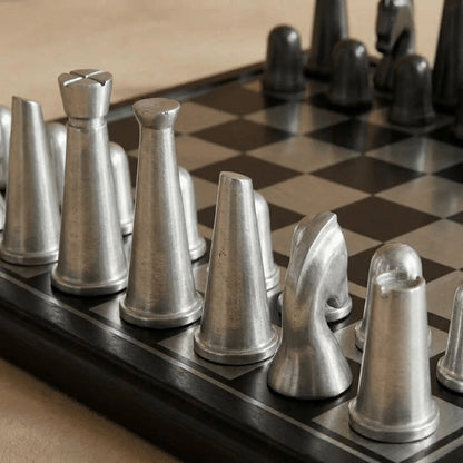 Art Deco Metallic Chess Set – Black &amp; Silver Luxury Chess Board