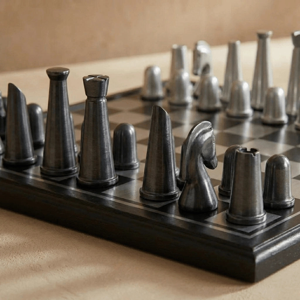 Art Deco Metallic Chess Set – Black &amp; Silver Luxury Chess Board