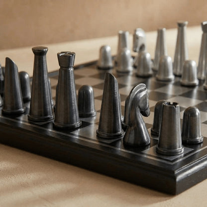 Art Deco Metallic Chess Set – Black &amp; Silver Luxury Chess Board