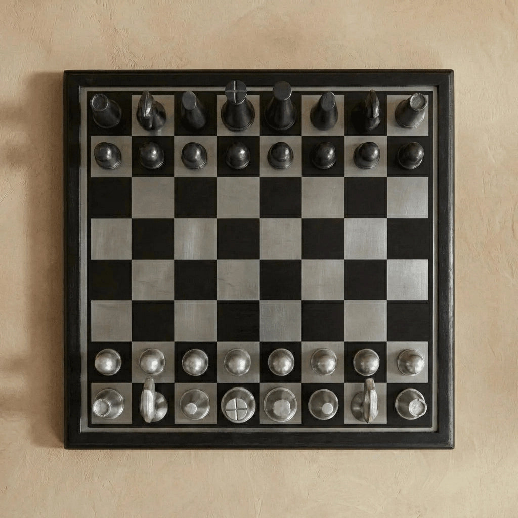 Art Deco Metallic Chess Set – Black &amp; Silver Luxury Chess Board