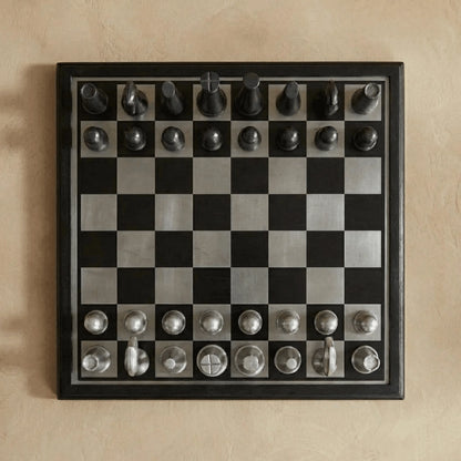 Art Deco Metallic Chess Set – Black &amp; Silver Luxury Chess Board