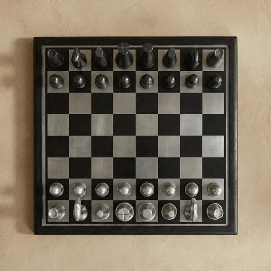 Art Deco Metallic Chess Set – Black & Silver Luxury Chess Board