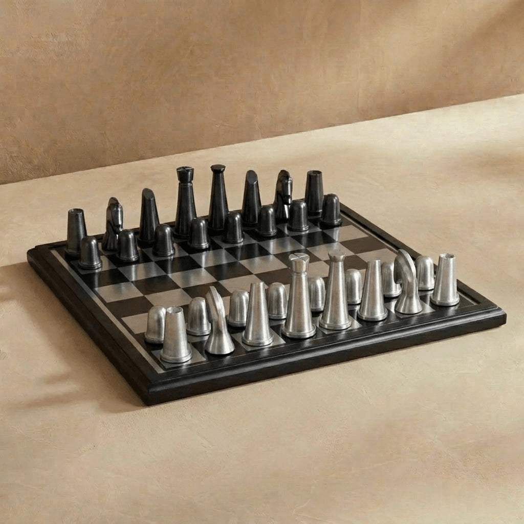 Art Deco Metallic Chess Set – Black &amp; Silver Luxury Chess Board