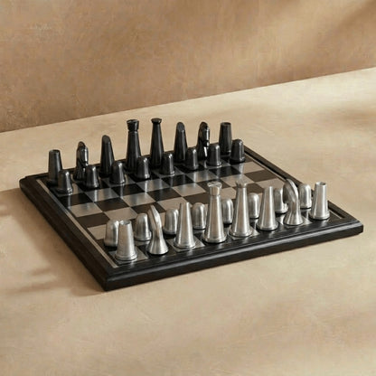 Art Deco Metallic Chess Set – Black &amp; Silver Luxury Chess Board