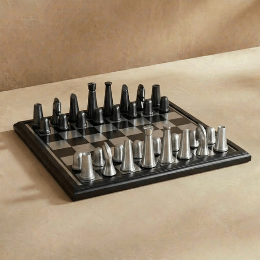 Art Deco Metallic Chess Set – Black & Silver Luxury Chess Board