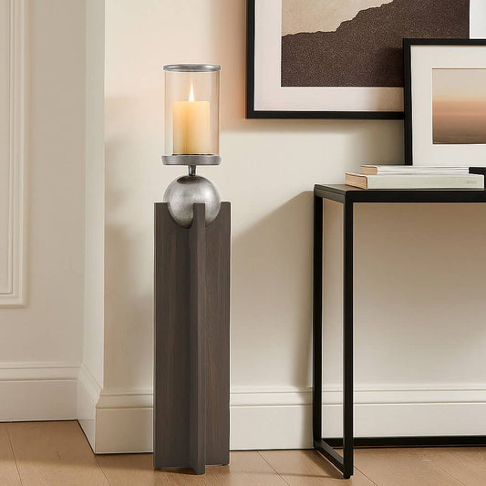 Candle Holder - Gray Wood Pillar with Metal Sphere, 42 in.