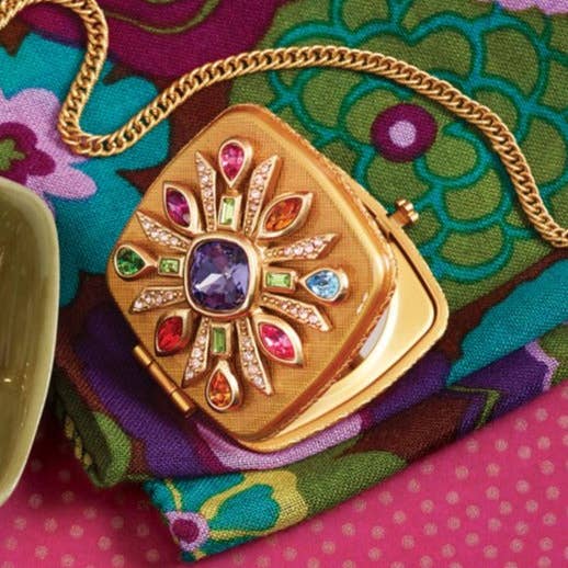 Jay Strongwater Schuyler Maltese Bejeweled Compact Mirror, Crystal Enamel Gold-Finished