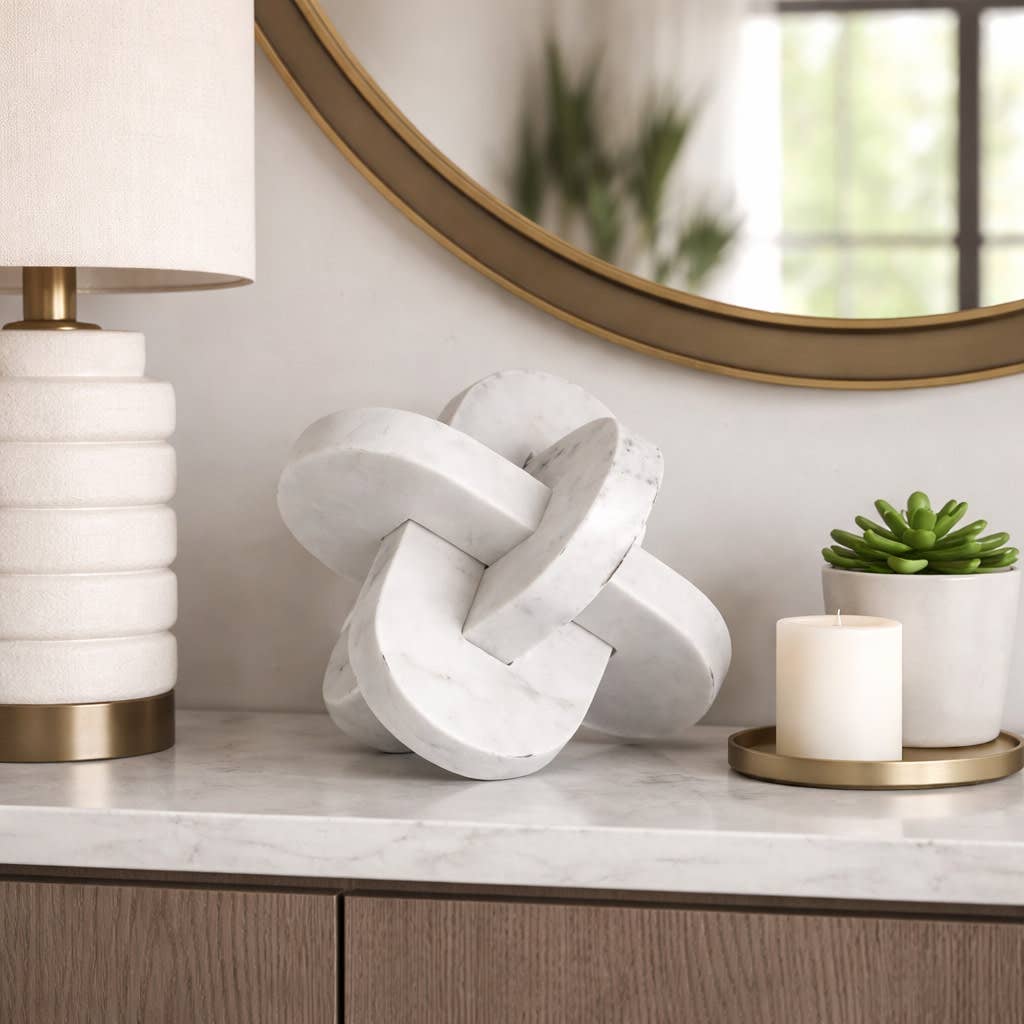 Sculpture - White Marble Interlocking Knot Design, 9 in.