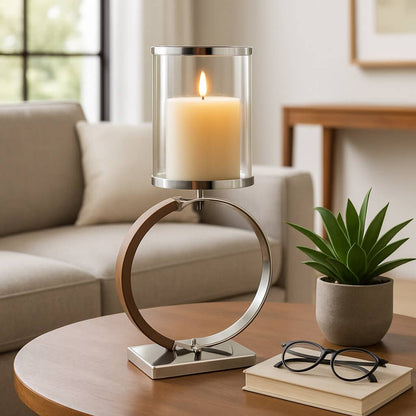 Candle Holder - Silver Metal Ring Large Hurricane, 22 in.