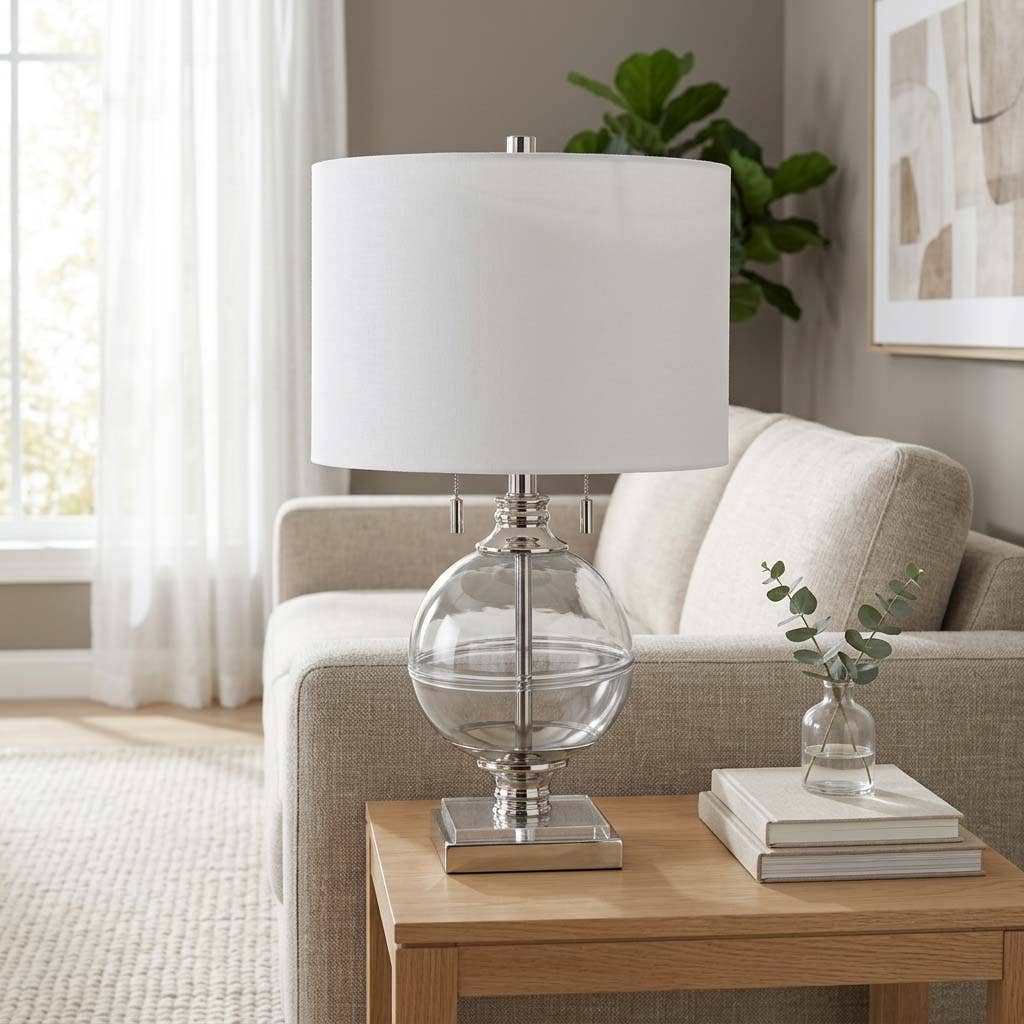 Table Lamp - Clear and White Glass Metallic Base, 24 in.