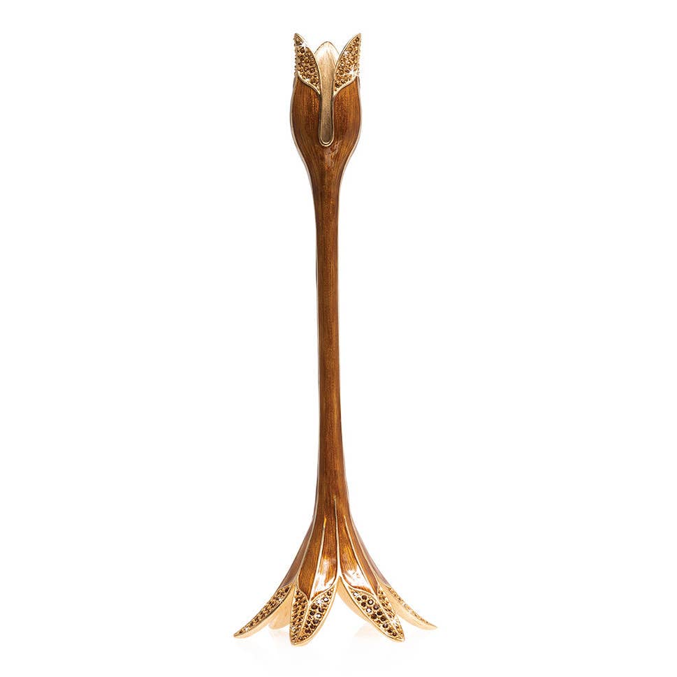 Jay Strongwater Ambrosius Tulip Brown Candlestick Holder, Leaf Swarovski Crystal Enamel Gold-Finished