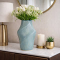 Decorative Vase - Blue Ceramic Sculptural Wavy, 14 in.