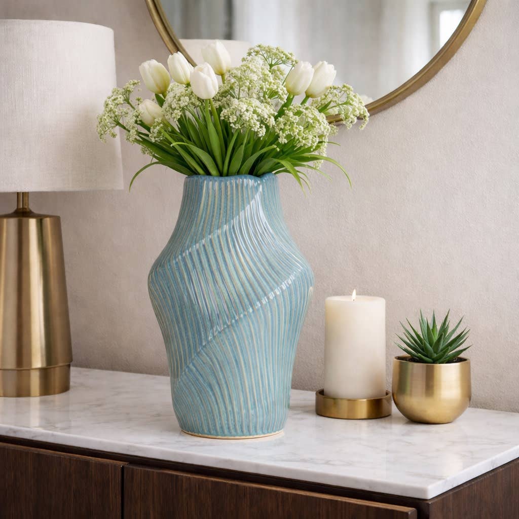 Decorative Vase - Blue Ceramic Sculptural Wavy, 14 in.