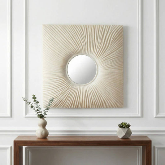 Mirror - White Resin Square Frame Textured Sunburst, 24 in.