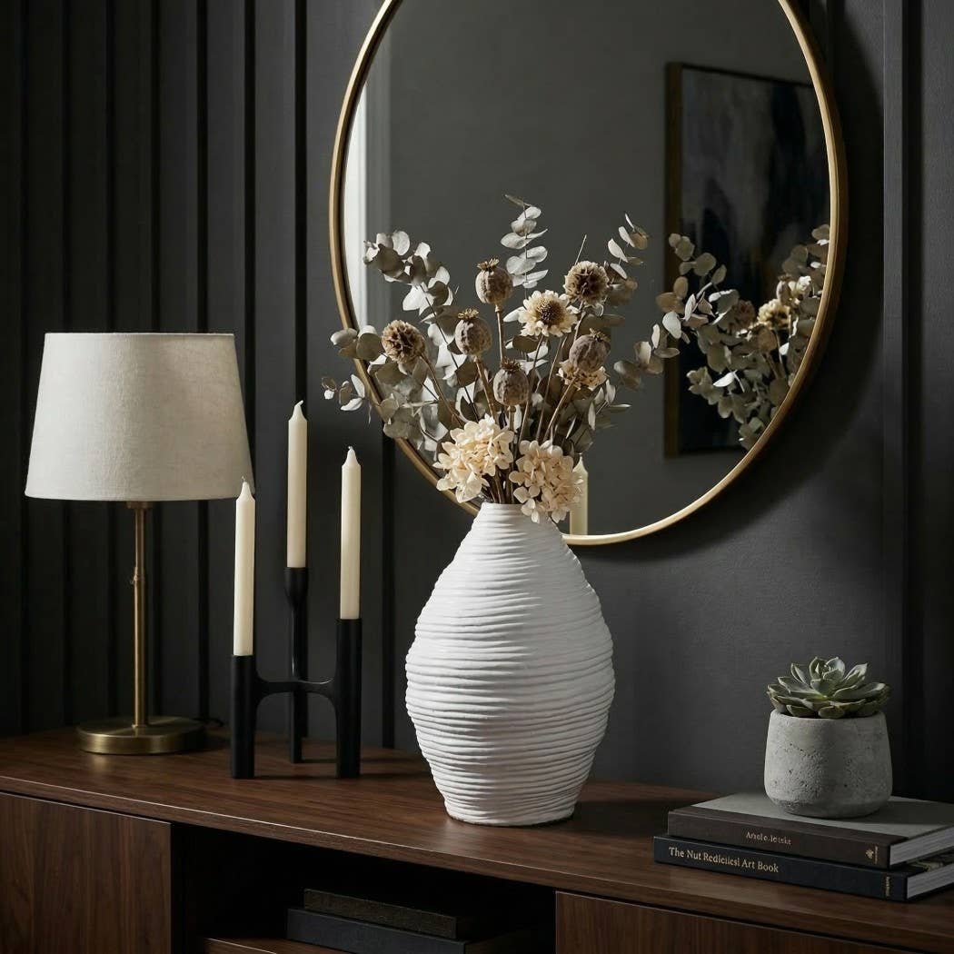 Decorative Vase - White Terracotta Layered Textured, 14 in.