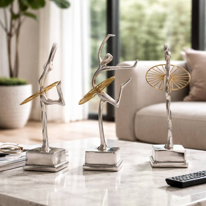 Decorative Sculptures Set of 3 - Silver Metal Dancing, 13 in