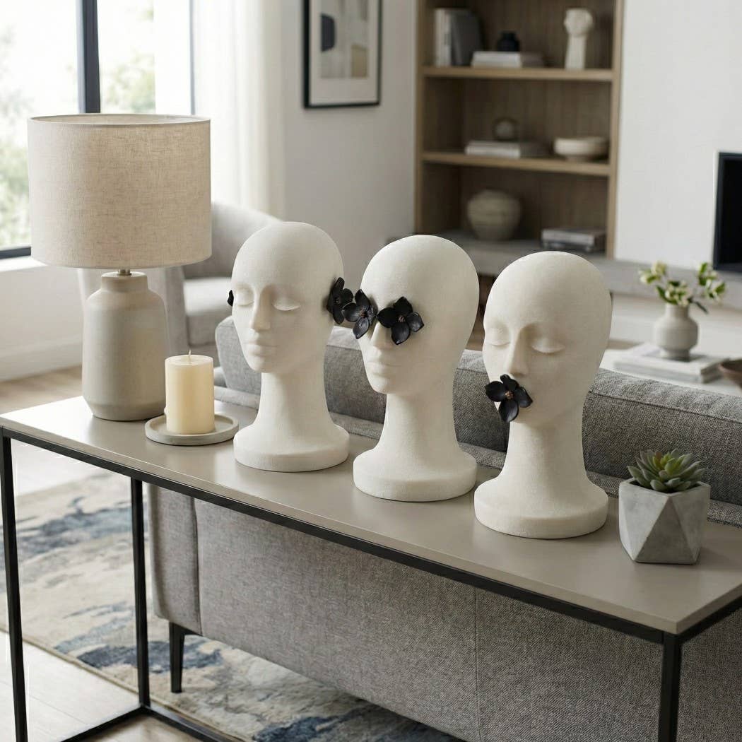 Sculpture Set of 3 - White and Black Resin 3-Heads, 16 in.