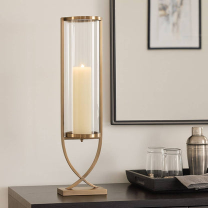 Candle Holder - Gold Metal Glass Cylindrical Pillar, 31 in.