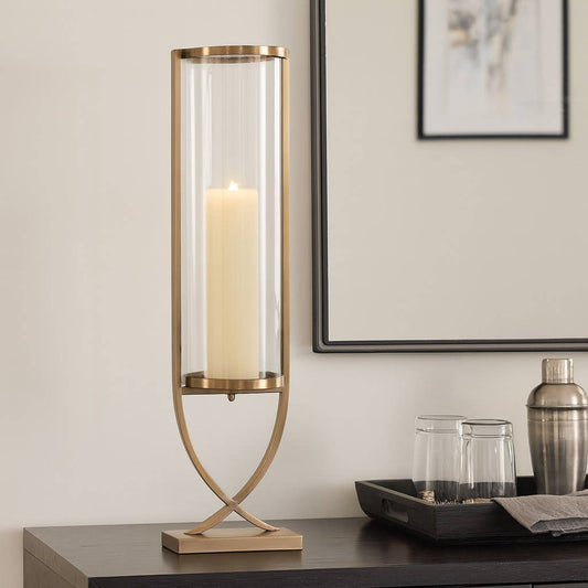 Candle Holder - Gold Metal Glass Cylindrical Pillar, 31 in.