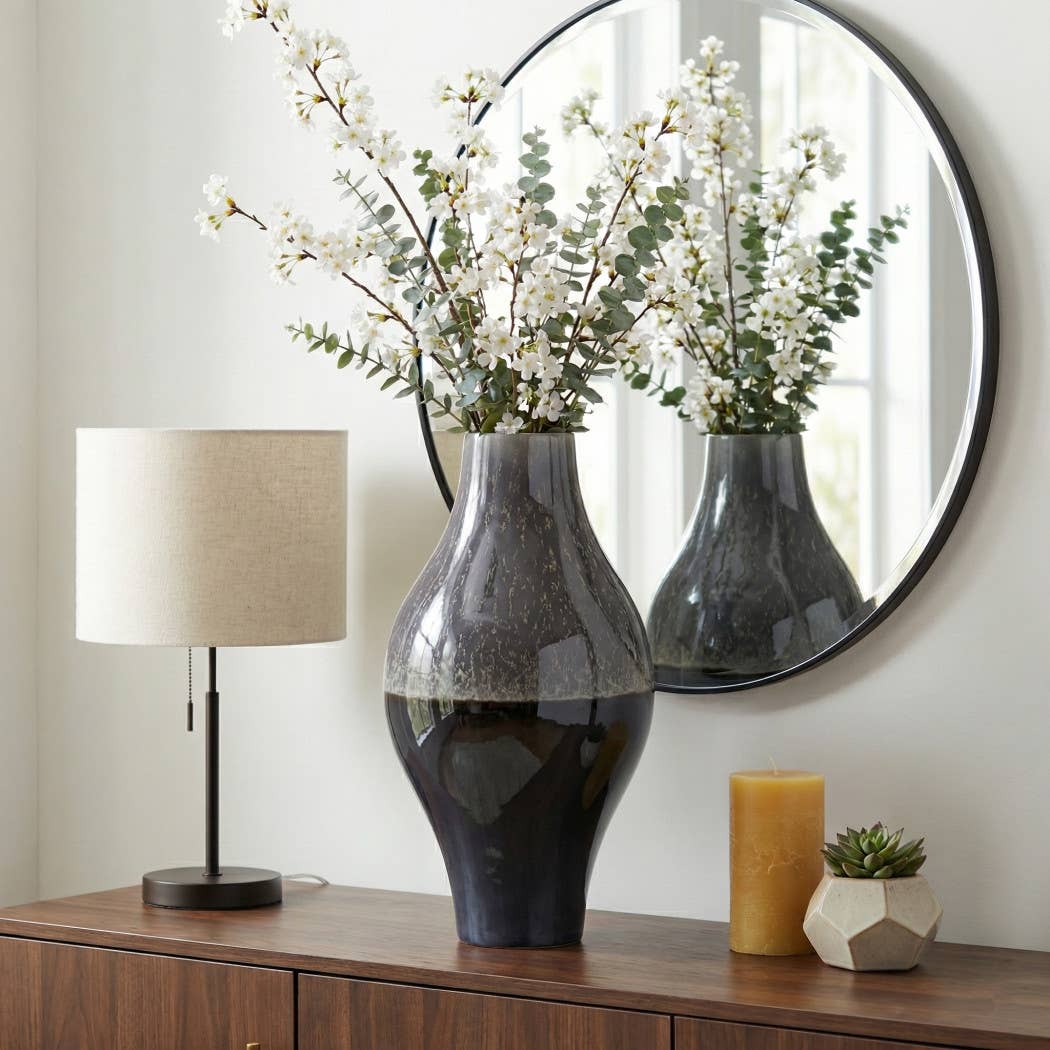 Decorative Vase - Black Ceramic Glossy Finish, 20 in.