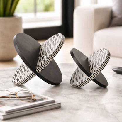 Sculptures Set of 2 - Black/White Wood Resin Orb, 7/10 in.