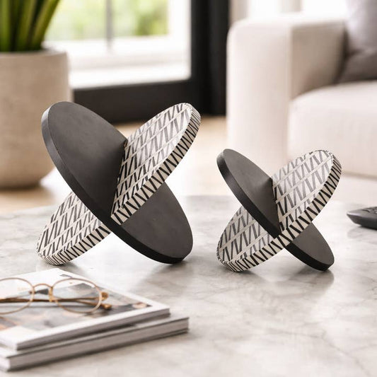 Sculptures Set of 2 - Black/White Wood Resin Orb, 7/10 in.