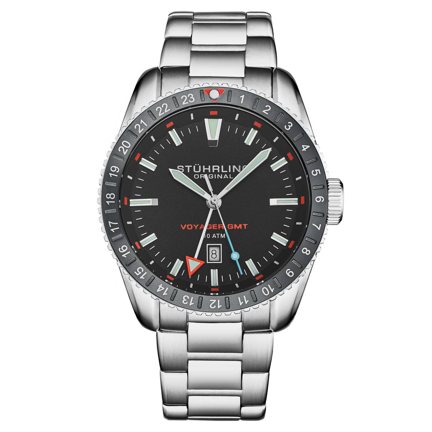 Stuhrling Original Voyager GMT 4017 Men's Quartz GMT Watch, 42mm, Black Dial, Light Blue Bezel
